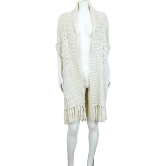 Hand Knitted Cable Knit Wool Blend Cardigan with Fringe Hem with Belt - Picture 2 of 5